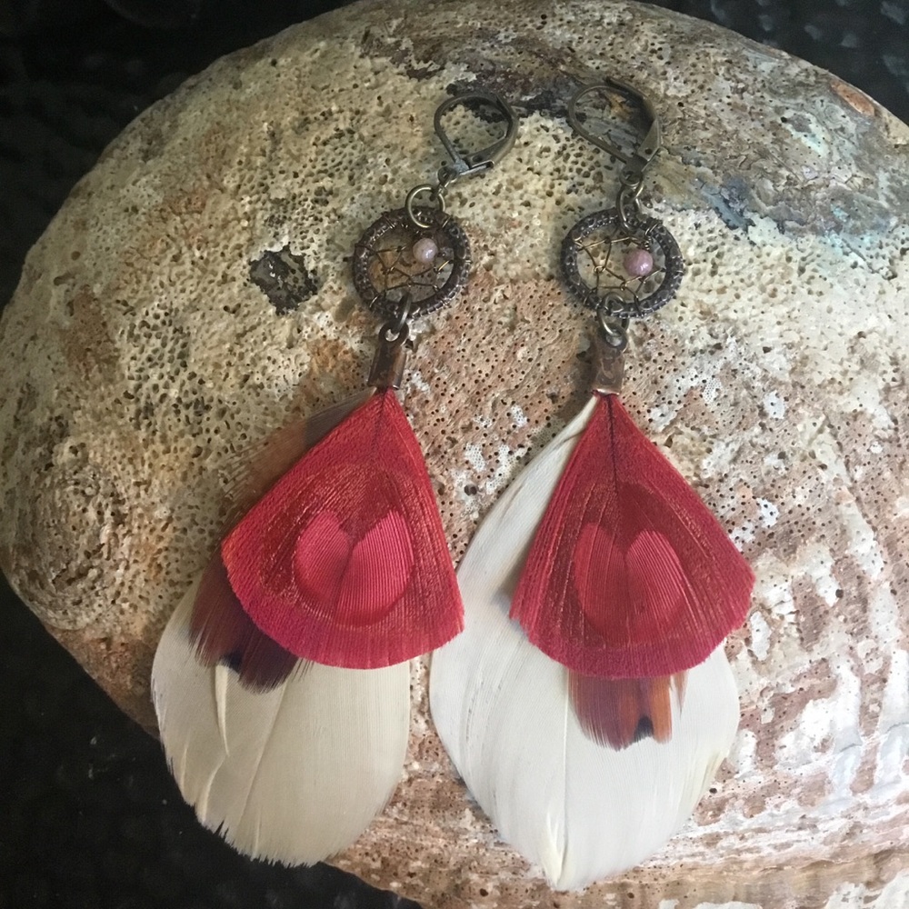 Hand Crafted Bohemian Tribal Dream Catcher Duster Pierced Earrings w/Feathers
